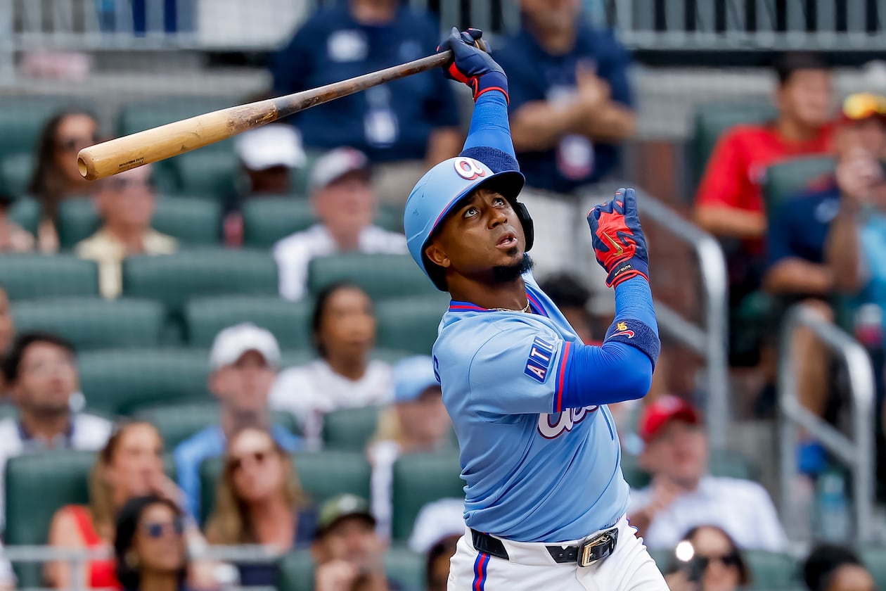 The Braves' Ozzie Albies watches his game-winning two-run home run against the Brewers on Saturday, June 20, 2026, in Atlanta. (Erik S. Lesser/AP)