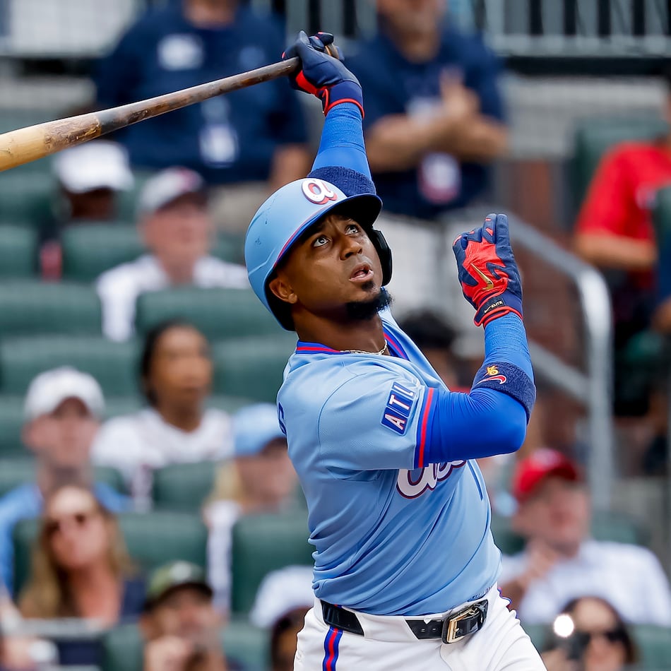 The Braves' Ozzie Albies watches his game-winning two-run home run against the Brewers on Saturday, June 20, 2026, in Atlanta. (Erik S. Lesser/AP)
