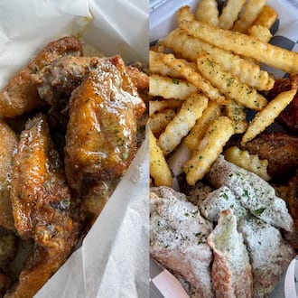 A triptych of metro Atlanta hot wings recommended by the Real Food Stalker, from left: Wings on Wheat, Trap Wingz and Buffalo Bar.