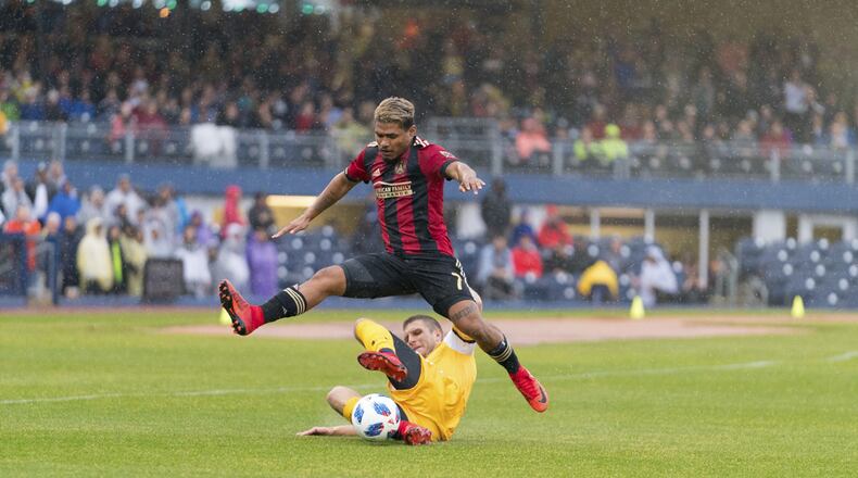 Atlanta United's Josef Martinez tries to run onto a pass in Saturday's friendly against Nashville SC at First Tennessee Park. (Eric Rossitch / Atlanta United)