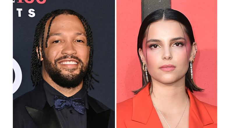 Jalen Brunson appears at the Time100 Sports List in New York on July 16, 2026, left, and Inde Navarrette appears at the Los Angeles premiere of "The Black Phone" on June 21, 2022. (AP Photo)