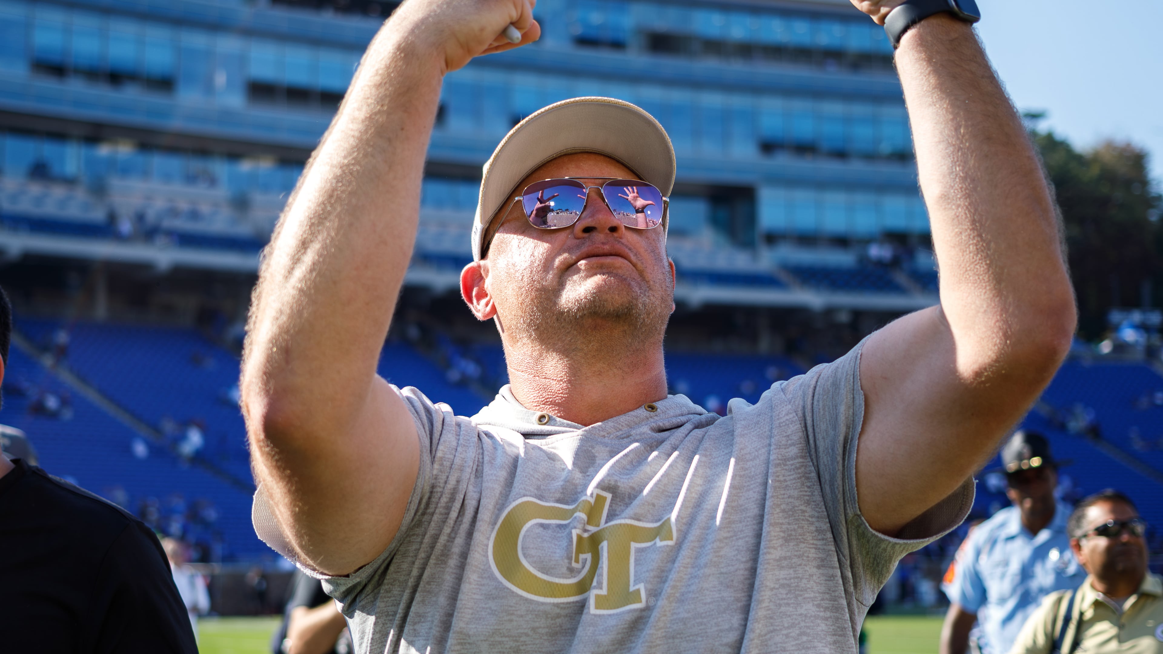 Georgia Tech coach Brent Key holds up seven fingers signifying the Yellow Jackets' 7-0 start following their 27-18 win over Duke on Saturday, Oct. 18, 2025, in Durham, N.C. (Ben McKeown/AP)