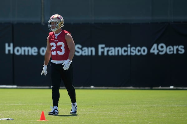 FILE - San Francisco 49ers running back Christian McCaffrey (23) during practice at NFL football minicamp, June 11, 2025, in Santa Clara, Calif. (AP Photo/Jeff Chiu, file)