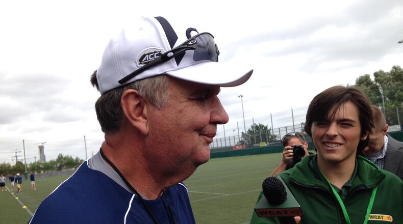 Georgia Tech coach Paul Johnson liked the play of B-backs KirVonte Benson and Quaide Weimerskirch in Saturday’s scrimmage. (AJC photo by Ken Sugiura)