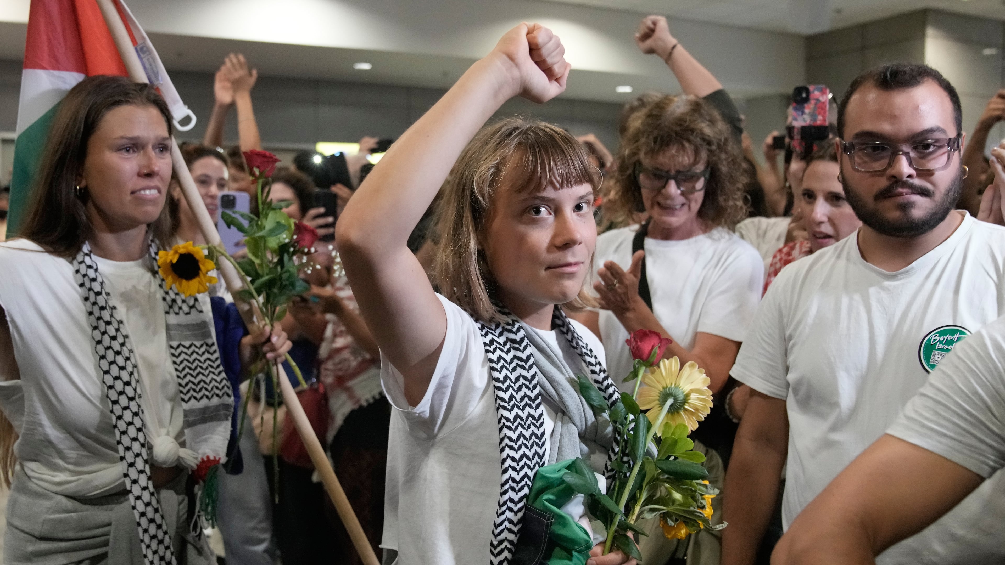 Swedish activist Greta Thunberg arrives at the Eleftherios Venizelos International Airport in Athens, Monday, Oct. 6, 2025 after being deported from Israel for taking part in a Gaza-bound aid flotilla. (AP Photo/Petros Giannakouris)