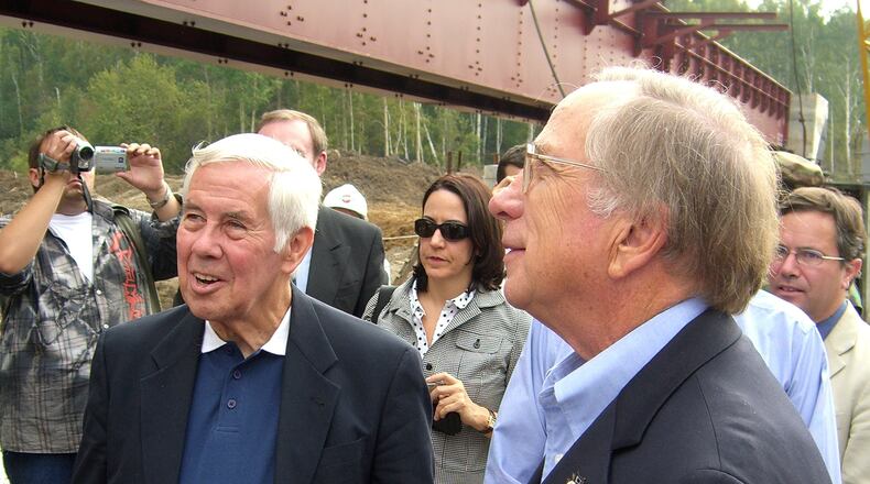 Sen. Richard Lugar, left, and former Sen. Sam Nunn, co-authors of the 1992 Nunn-Lugar Comprehensive Threat Reduction effort, inspect a $1 million railroad bridge near Shchuchye, Russia, 1560 kilometers (975 miles) southeast of Moscow, Thursday, Aug. 30, 2007. (AP Photo/Douglas Birch) Sen. Richard Lugar, left, and former Sen. Sam Nunn, co-authors of the 1992 Nunn-Lugar Comprehensive Threat Reduction effort, inspect a $1 million railroad bridge near Shchuchye, Russia, 1560 kilometers (975 miles) southeast of Moscow, Thursday, Aug. 30, 2007. (AP Photo/Douglas Birch)