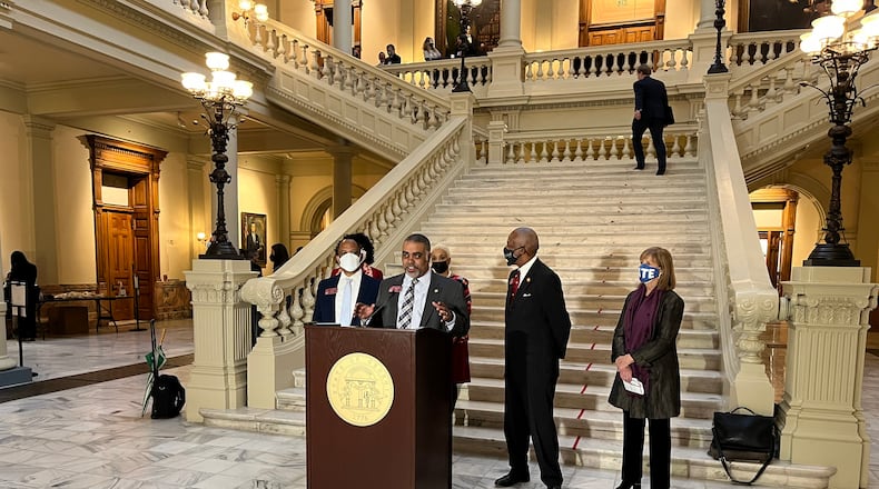 Former Georgia Rep. Erick Allen (at podium) won the Democratic primary for the District 2 seat on the Cobb County Board of Commissioners in a runoff election on Tuesday, March 11, 2025. (AJC 2022)