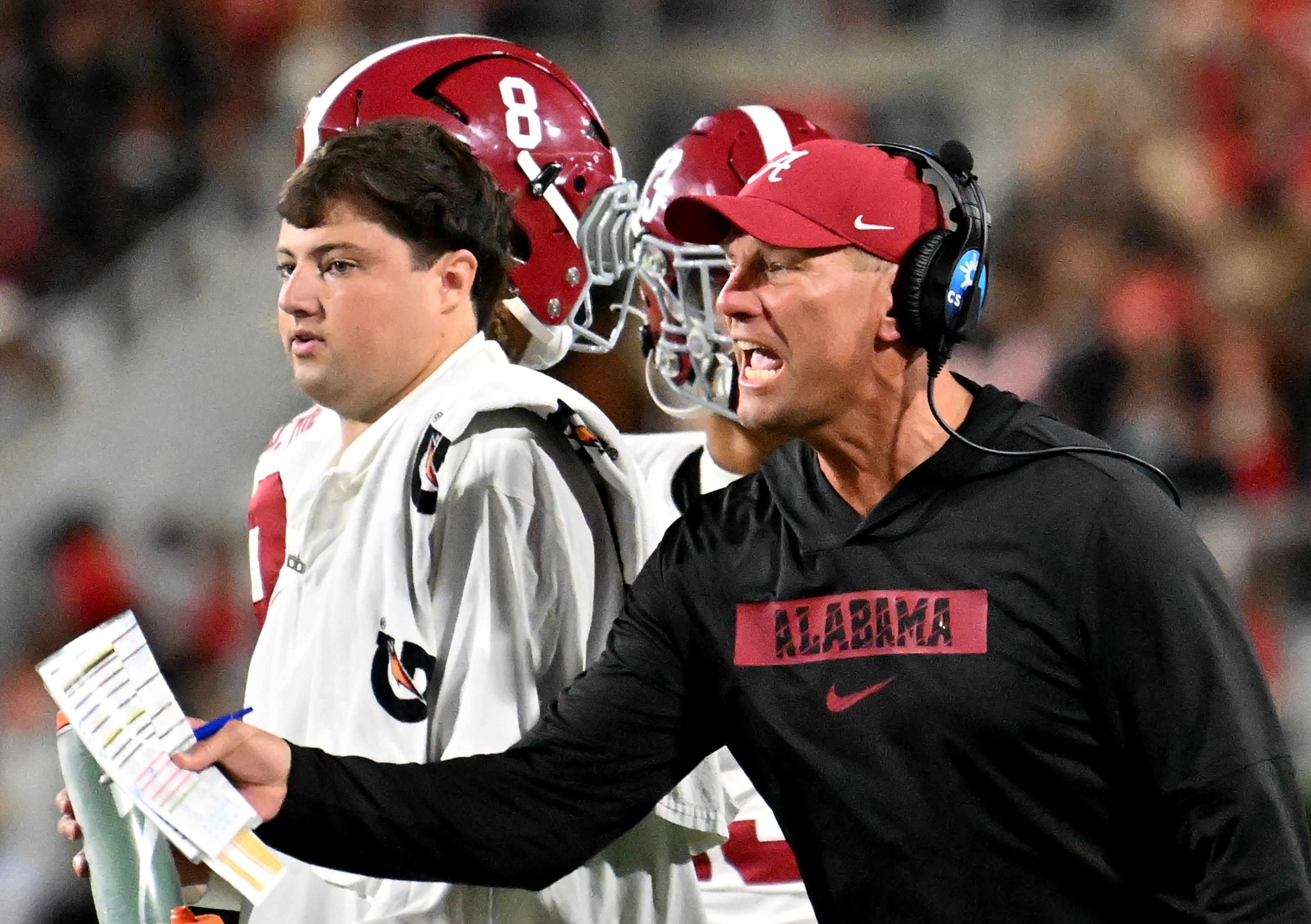 Alabama head coach Kalen DeBoer shouts instructions during the second half in an NCAA football game at Sanford Stadium, Saturday, September 27, 2025, in Athens. Alabama won 24-21 over Georgia. (Hyosub Shin / AJC)