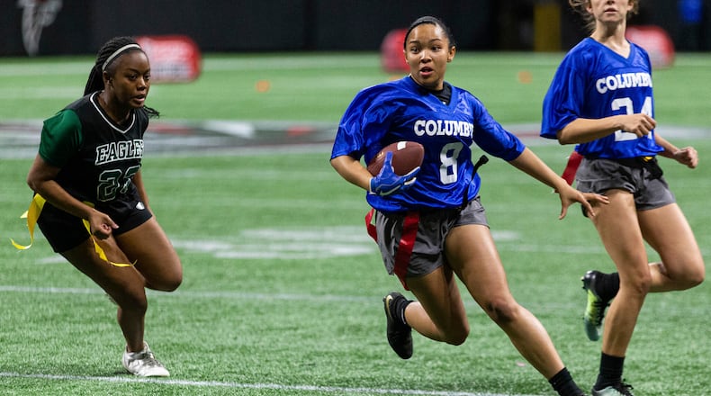 Columbus (blue) won the 2019 state championship game held this week at Mercedes-Benz Stadium. Flag football, sponsored the past two seasons as a club sport by the Atlanta Falcons and the Arthur M. Blank Family Foundation, will become an official GHSA varsity support in 2020.