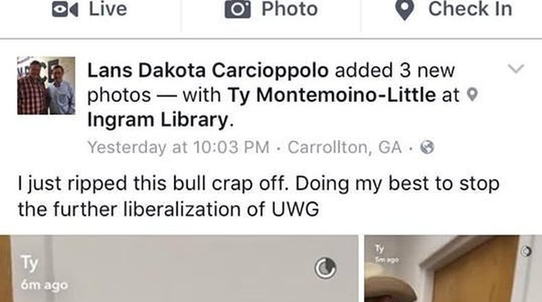 University of West Georgia junior Lans Carcioppolo started a debate over free expression and transgender rights when he posted on Facebook these photos of himself pulling down unofficial gender-neutral signs on the campus library bathroom doors.