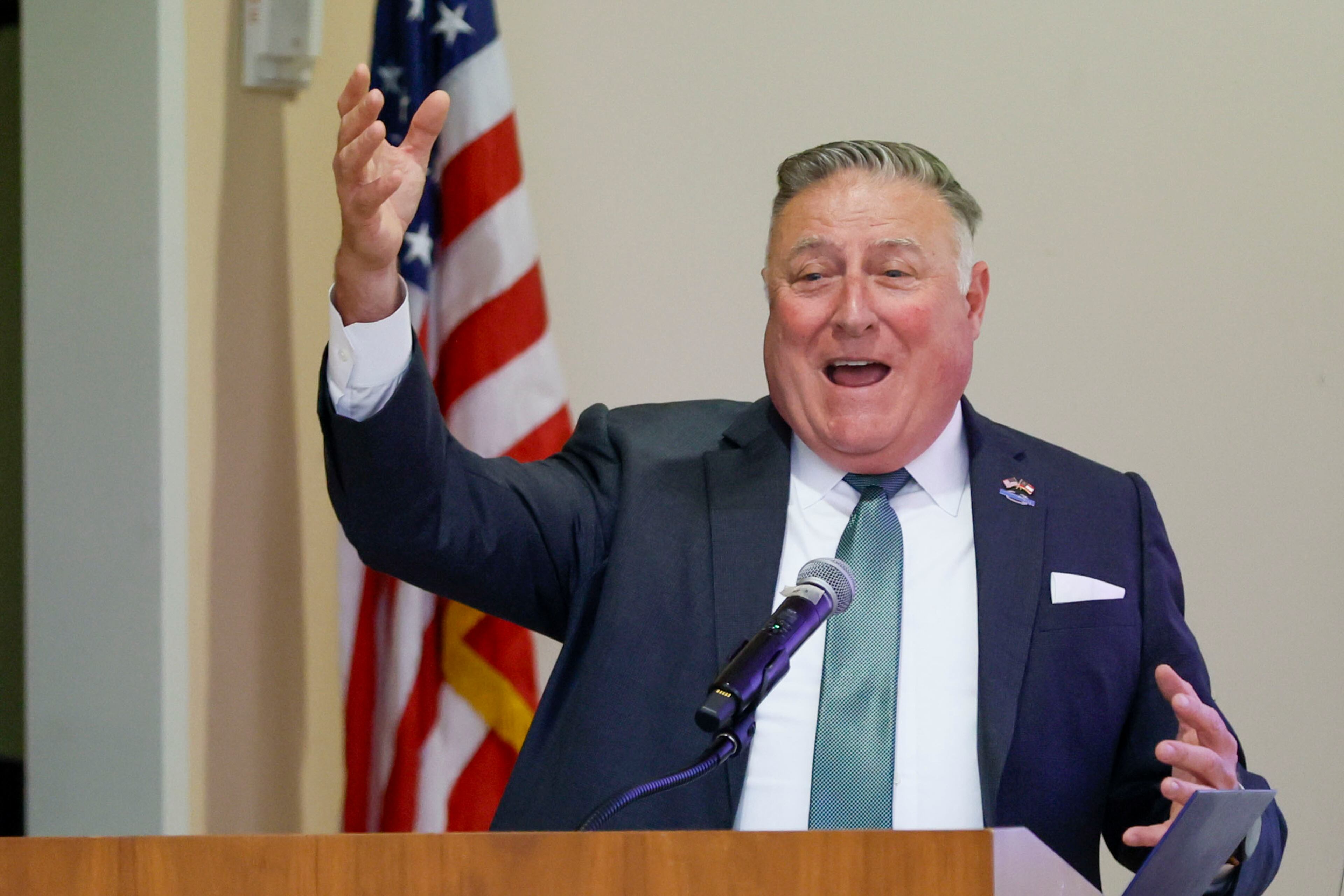 Insurance Commissioner John King speaks at a town hall meeting at the Lou Walker Senior Center in Stonecrest on Wednesday, April 16, 2025. (Miguel Martinez/AJC)