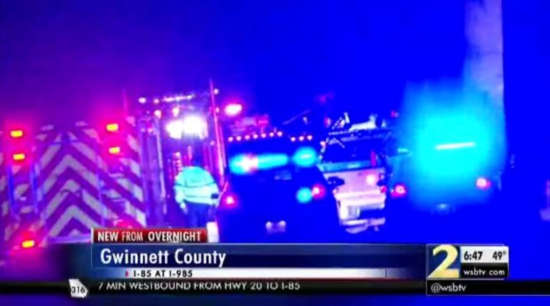 A deadly crash temporarily shut down I-85 at I-985 in Gwinnett County early Monday. (Credit: Channel 2 Action News)