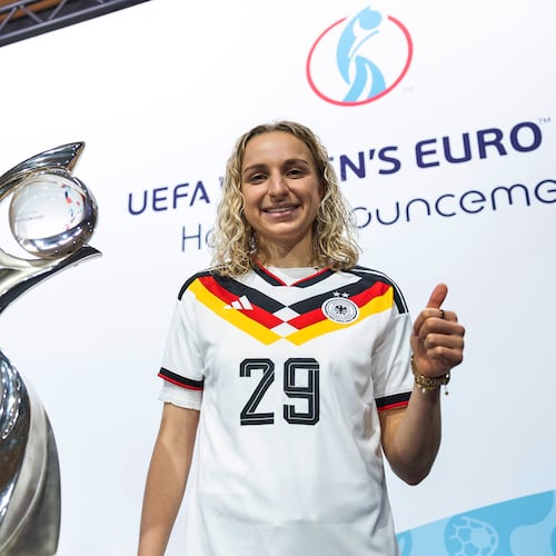 German soccer player Vanessa Diehm poses after Germany was selected to host the 2029 Women's European Championship soccer tournament during a ceremony at UEFA Headquarters, Wednesday, Dec 3, 2025 in Nyon, Switzerland. (Cyril Zingaro/Keystone via AP)