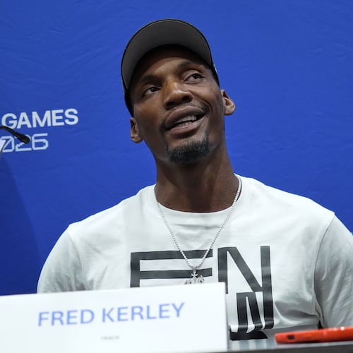 Athlete, Fred Kerley attends a press conference ahead of the Enhanced Games in Las Vegas, Friday, May 22, 2026. (AP Photo/Ty ONeil)