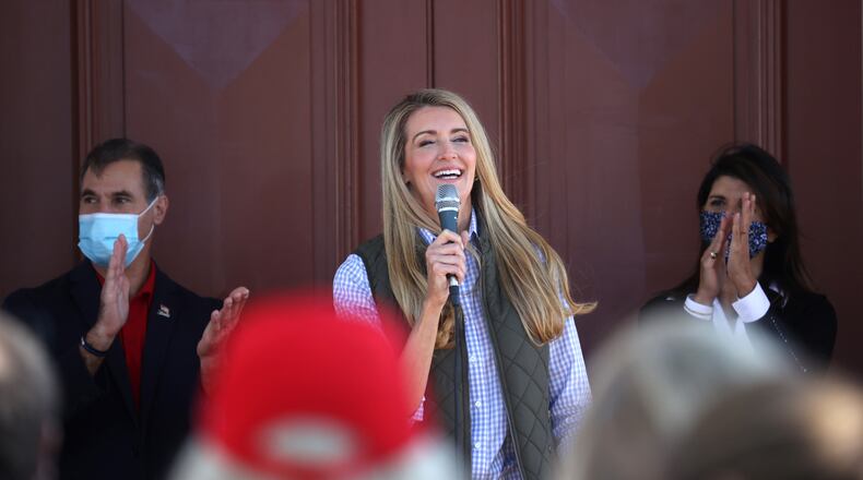 In this file photo, Kelly Loeffler (R-GA) speaks during a campaign event at the Walton County Historic Courthouse on October 30, 2020 in Monroe, Georgia. (Justin Sullivan/Getty Images/TNS)