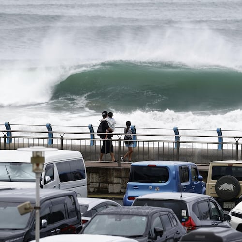 High waves caused by Tropical Storm Chan-hom crash near the shore in Oarai, Ibaraki prefecture, Japan Tuesday, Aug. 11, 2026. (/Kyodo News via AP)