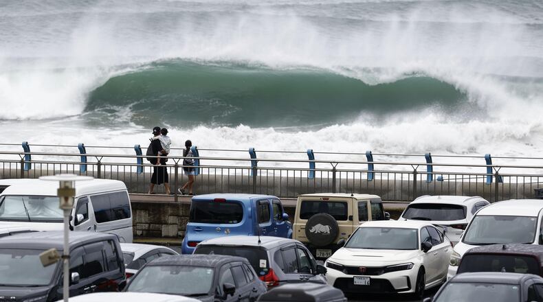 High waves caused by Tropical Storm Chan-hom crash near the shore in Oarai, Ibaraki prefecture, Japan Tuesday, Aug. 11, 2026. (/Kyodo News via AP)