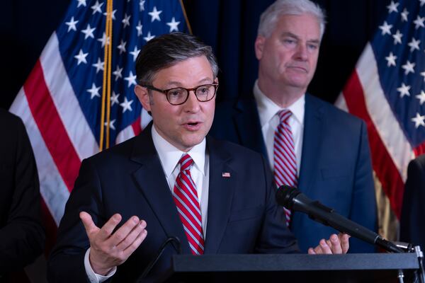 Speaker of the House Mike Johnson, R-La., joined at right by Whip Tom Emmer, R-Minn., makes a point as House Republican leaders hold a news conference ahead of President Donald Trump's address to a joint session of Congress, on Capitol Hill in Washington on Tuesday. J. Scott Applewhite/AP