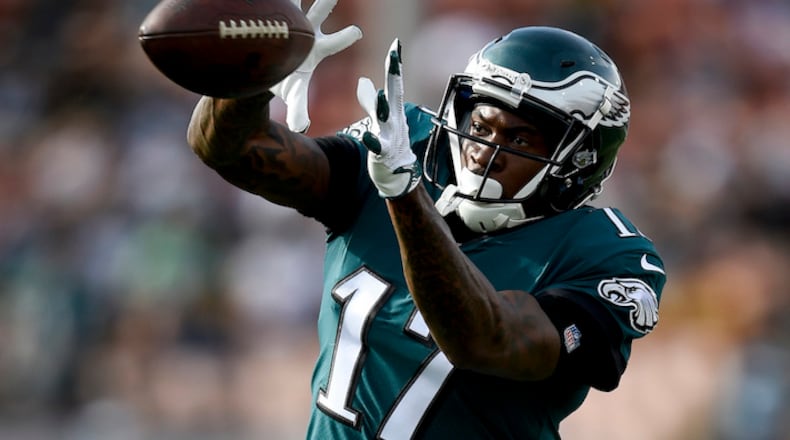 Philadelphia Eagles wide receiver Alshon Jeffery warms up before an NFL football game against the Los Angeles Rams Sunday, Dec. 10, 2017, in Los Angeles. (AP Photo/Kelvin Kuo)