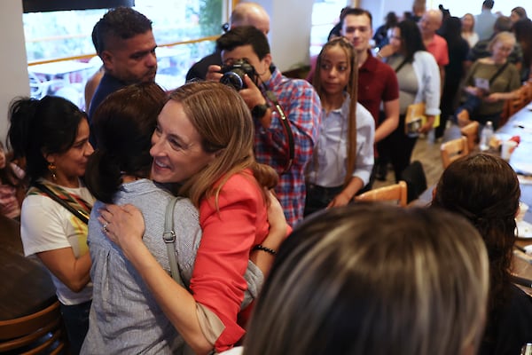 Rep. Mikie Sherrill, D-N.J., greets people during a "Get Out the Vote" rally, Saturday, June 7, 2025, in Elizabeth, N.J. (AP Photo/Heather Khalifa)