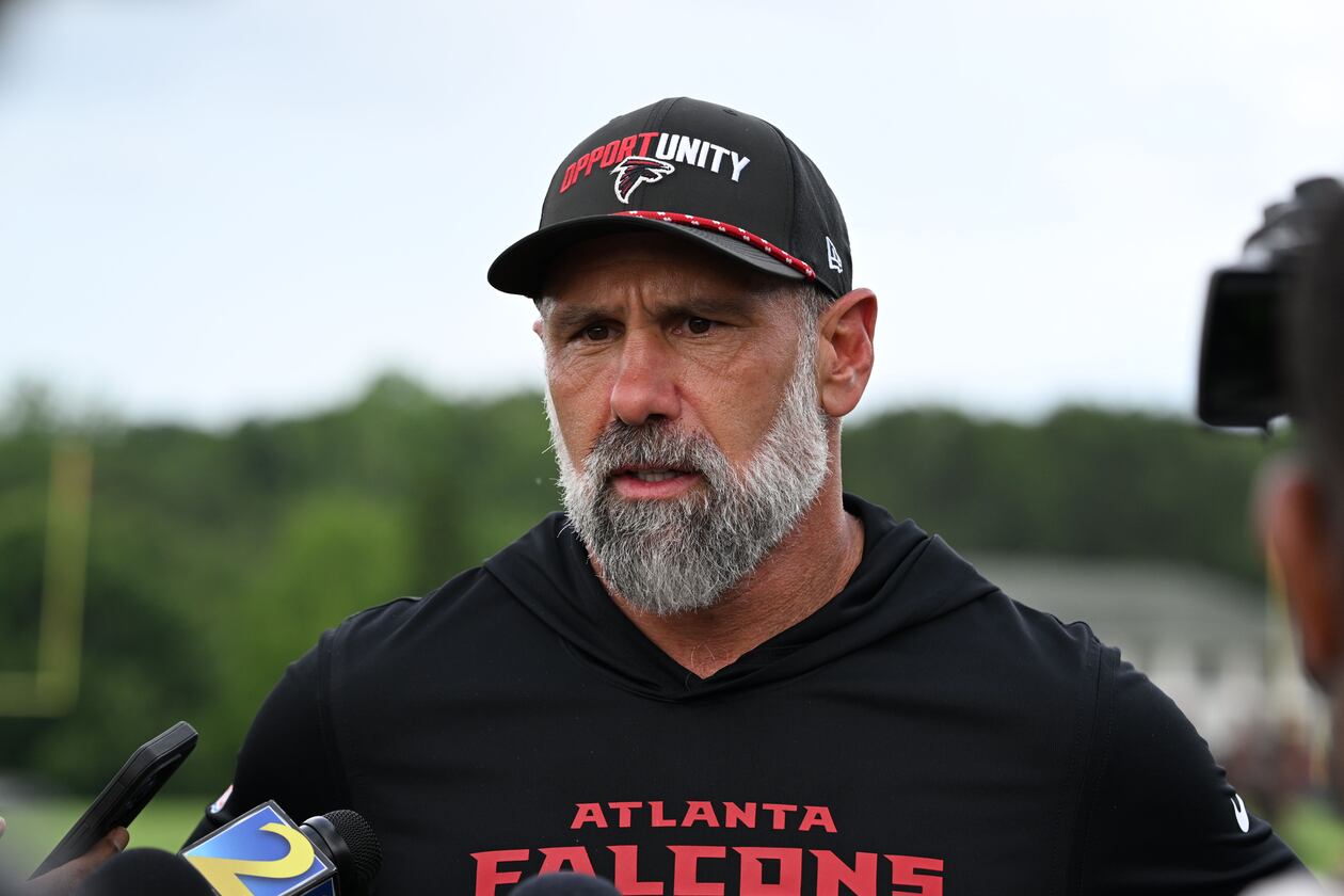 Atlanta Falcons defensive coordinator Jeff Ulbrich speaks to the media during a news conference at the Atlanta Falcons training facility on Wednesday, May 27, 2026, in Flowery Branch. (Hyosub Shin/AJC)