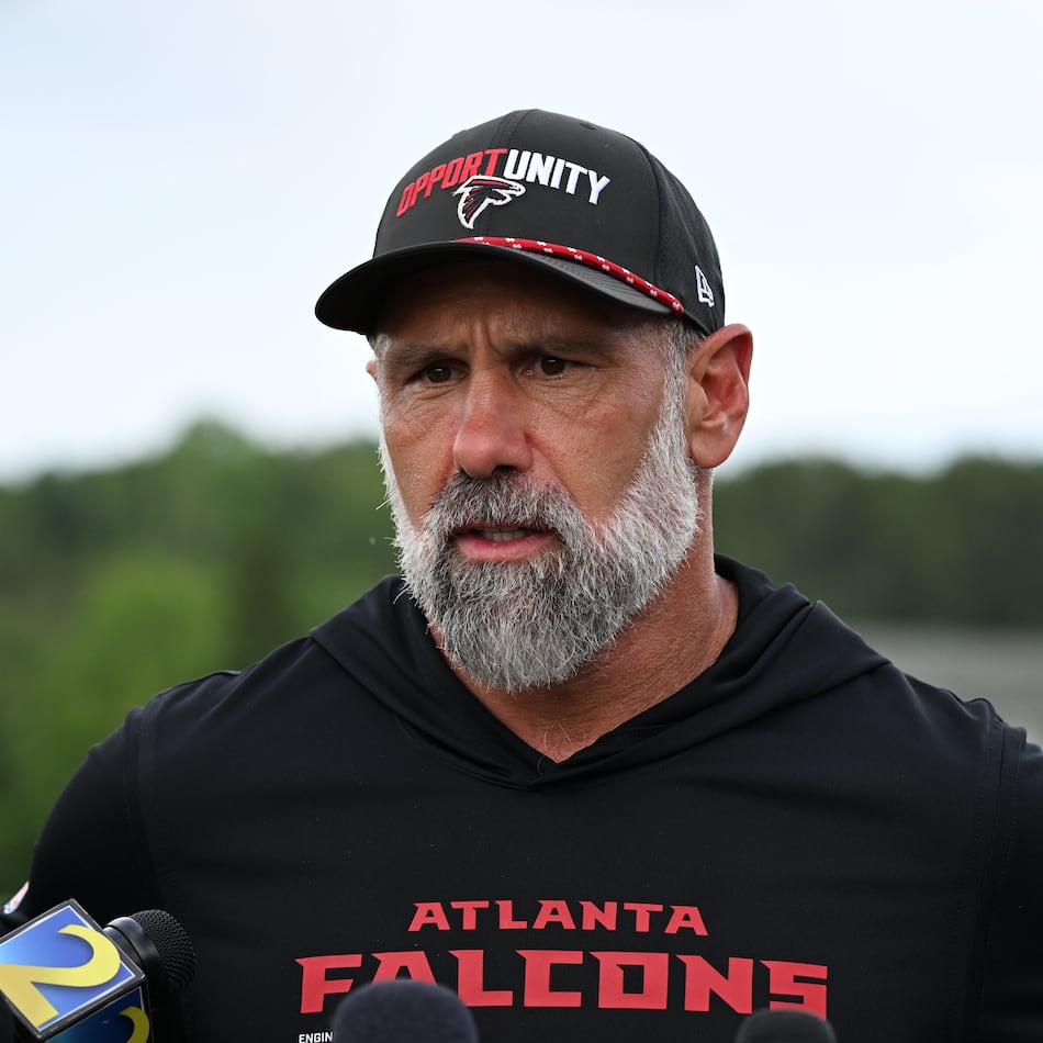 Atlanta Falcons defensive coordinator Jeff Ulbrich speaks to the media during a news conference at the Atlanta Falcons training facility on Wednesday, May 27, 2026, in Flowery Branch. (Hyosub Shin/AJC)