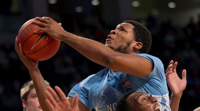 North Carolina’s Kennedy Meeks (3) drives to the basket against Georgia Tech’s Josh Okogie (5) during the first half on Saturday, Dec. 31, 2016, at McCamish Pavillion in Atlanta. Georgia Tech won, 75-63. (Robert Willett/Raleigh News & Observer/TNS)