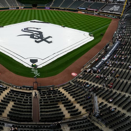 A tarp covers the infield during a rain delay before a baseball game between the Atlanta Braves and the Chicago White Sox in Chicago, Thursday, June 11, 2026. (AP Photo/Nam Y. Huh)