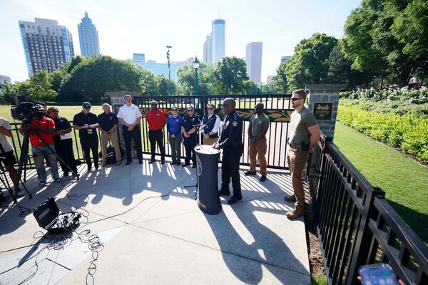 APD Assistant Chief Carven Tyus, along with local partners, addresses the press as they prepare for a mass casualty training at Centennial Olympic Park on Monday, May 4, 2026, ahead of the World Cup. (Miguel Martinez/AJC)