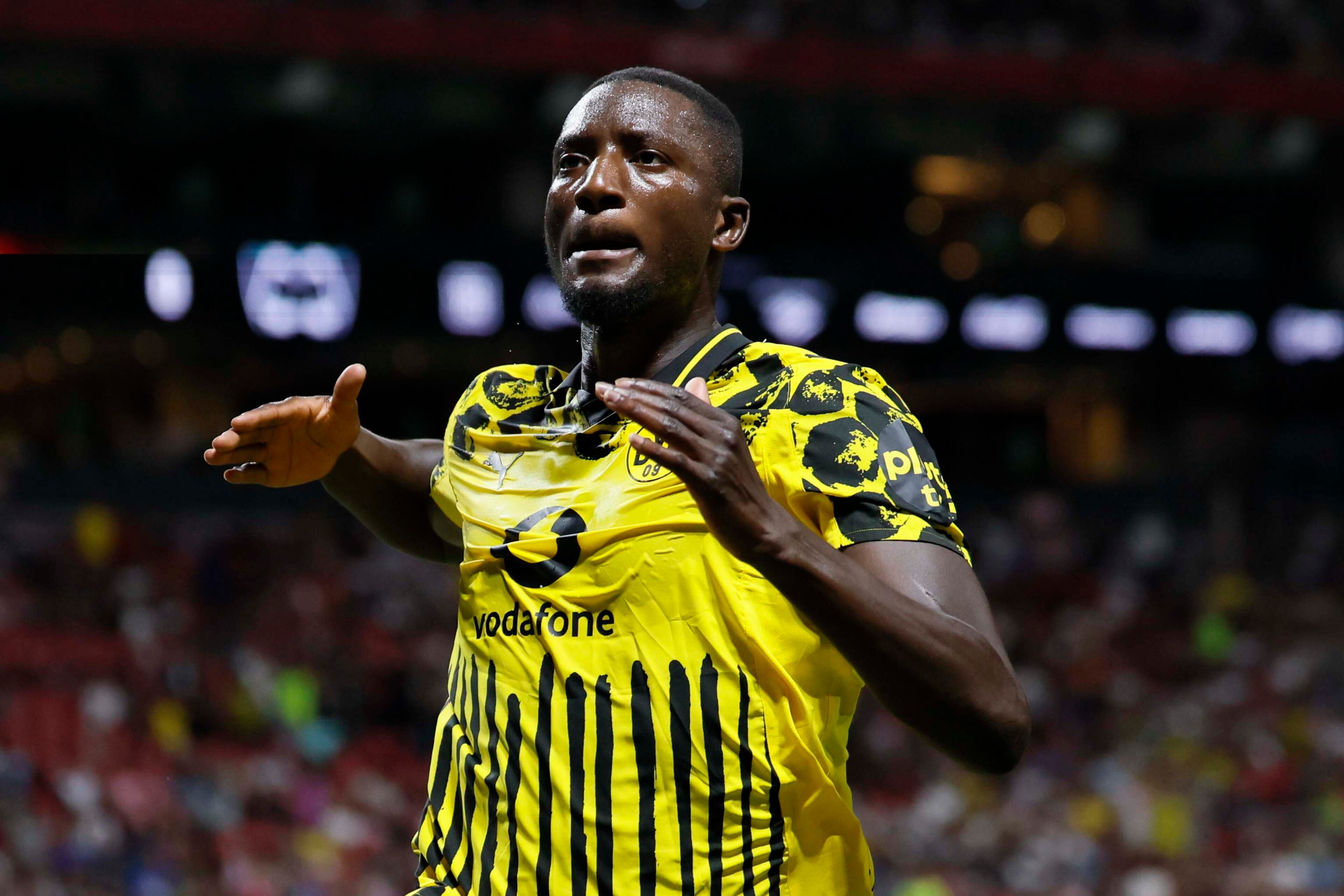 Borussia Dortmund forward Serhou Guirassy (9) reacts after scoring his team’s first goal during the Club World Cup round of 16 soccer match between Borussia Dortmund and C.F. Monterrey in Atlanta, Georgia, on Tuesday, July 1, 2025.
(Miguel Martinez/ AJC)