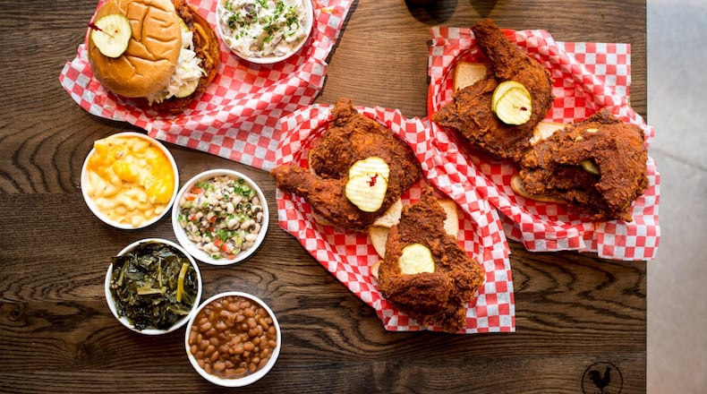 Hattie B’s Hot Chicken hot-chicken sandwich with red-skinned potato salad, and two half bird plates with pimento mac and cheese, black-eyed pea salad, Southern greens, and baked beans. CONTRIBUTED BY MIA YAKEL