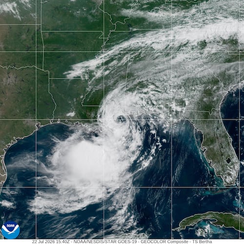 This NOAA satellite image taken at 11:40 a.m. EDT on Wednesday, July 22, 2026, shows Tropical Storm Bertha in the Gulf of Mexico moving toward the edge of Louisiana. (NOAA via AP)