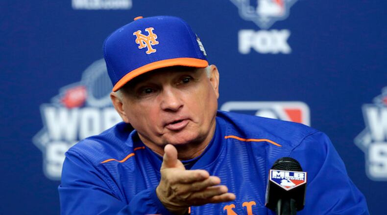 New York Mets manager Terry Collins talks during a news conference before Game 5 of the Major League Baseball World Series bagainst the Kansas City Royals Sunday, Nov. 1, 2015, in New York. (AP Photo/Frank Franklin II)