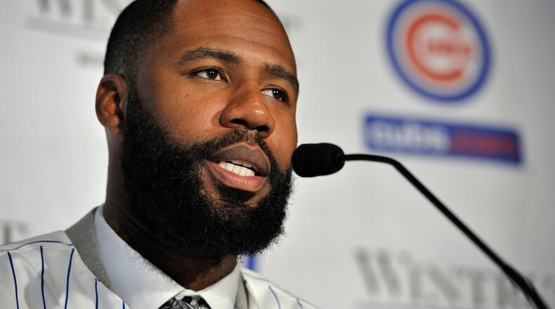 Newly acquired outfielder Jason Heyward speaks to the media during a news conference,Tuesday, Dec. 15, 2015, in Chicago. The Chicago Cubs finalized their $184 million, eight-year contract with free agent outfielder Jason Heyward on Tuesday, adding a three-time Gold Glove winner in their continuing makeover to build a World Series contender. (AP Photo/Paul Beaty)