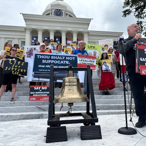 Abraham Bonowitz, of the group Death Penalty Action, leads a demonstration outside the Capitol in Montgomery, Ala., on Monday, June 8, 2026, to oppose an upcoming execution in Alabama. (AP Photo/Kim Chandler)