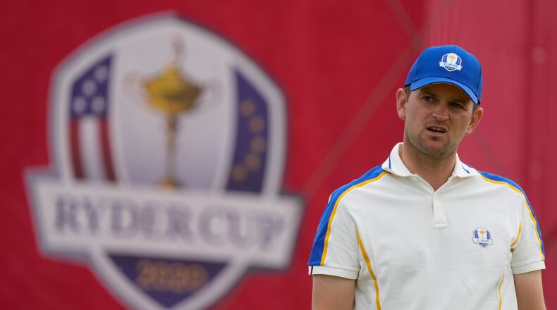 FILE - Team Europe's Bernd Wiesberger reacts after missing his putt on the 15th hole during a Ryder Cup singles match at the Whistling Straits Golf Course Sunday, Sept. 26, 2021, in Sheboygan, Wis. (AP Photo/Charlie Neibergall, File)
