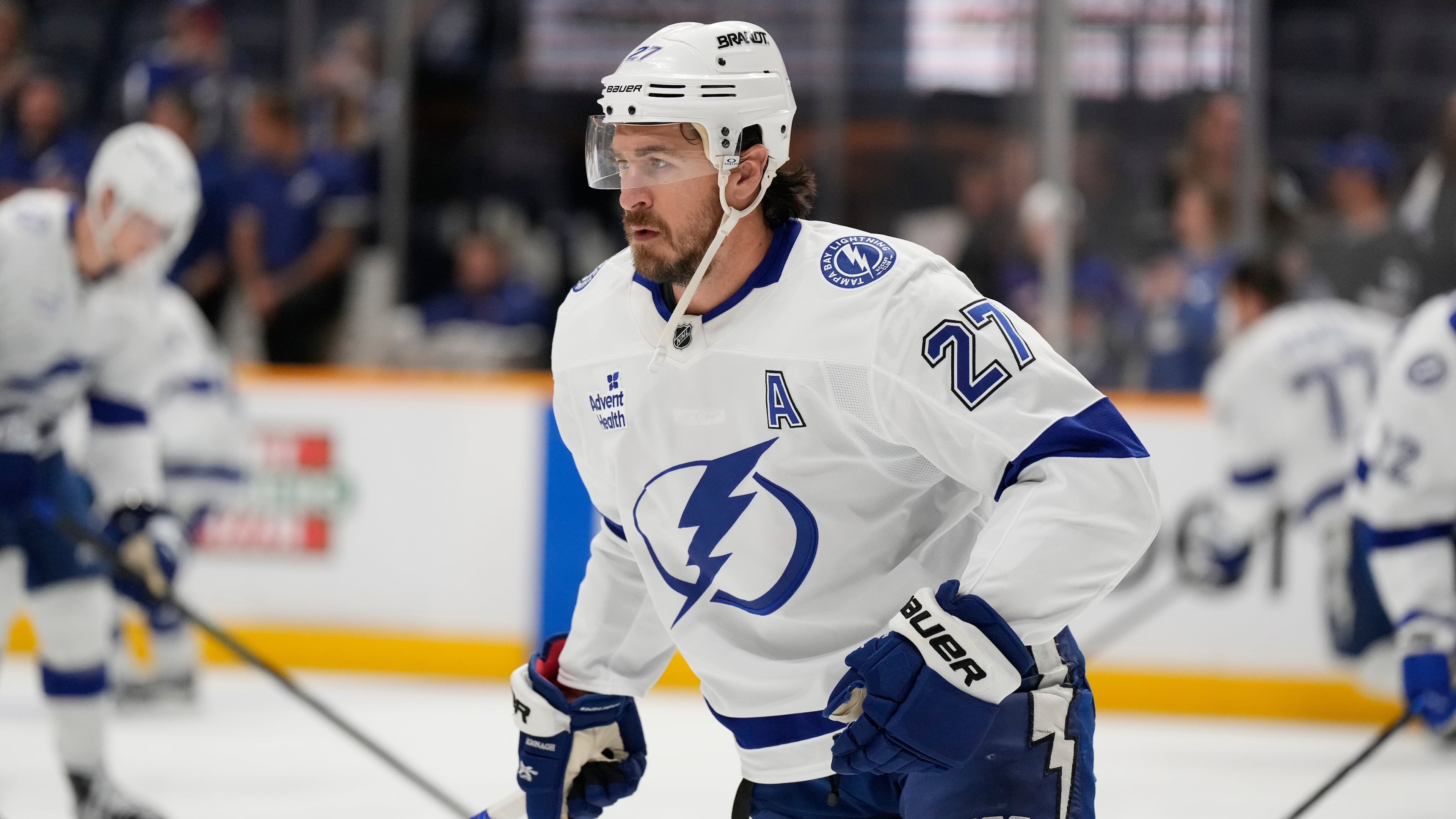 FILE - Tampa Bay Lightning defenseman Ryan McDonagh (27) before an NHL hockey game Tuesday, Oct. 28, 2025, in Nashville, Tenn. (AP Photo/George Walker IV, File)