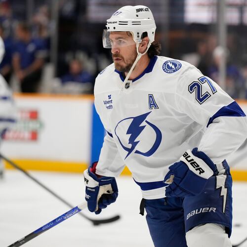 FILE - Tampa Bay Lightning defenseman Ryan McDonagh (27) before an NHL hockey game Tuesday, Oct. 28, 2025, in Nashville, Tenn. (AP Photo/George Walker IV, File)