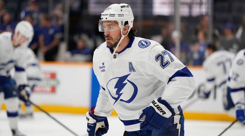 FILE - Tampa Bay Lightning defenseman Ryan McDonagh (27) before an NHL hockey game Tuesday, Oct. 28, 2025, in Nashville, Tenn. (AP Photo/George Walker IV, File)