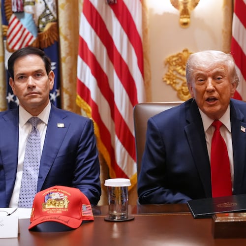 President Donald Trump, next to Secretary of State Marco Rubio, speaks during a Cabinet meeting at the White House, Wednesday, May 27, 2026, in Washington. (AP Photo/Jacquelyn Martin)