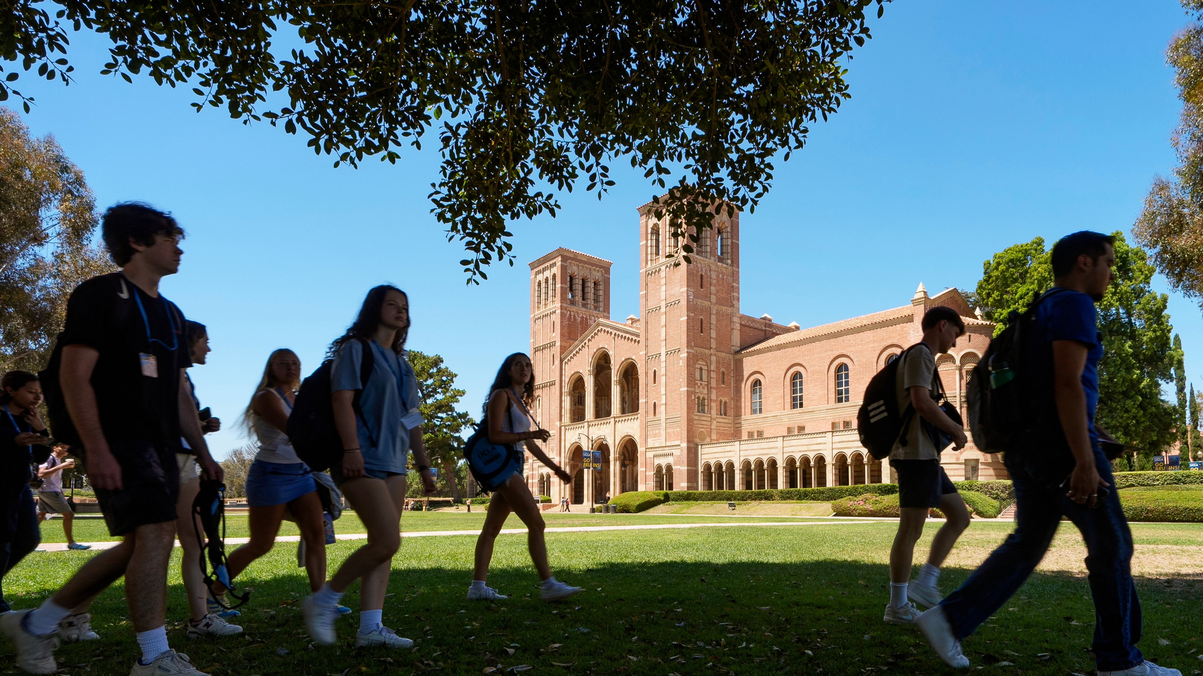 FILE - Students walk past Royce Hall on the University of California, Los Angeles campus on Aug. 15, 2024, in Los Angeles. (AP Photo/Damian Dovarganes, File)