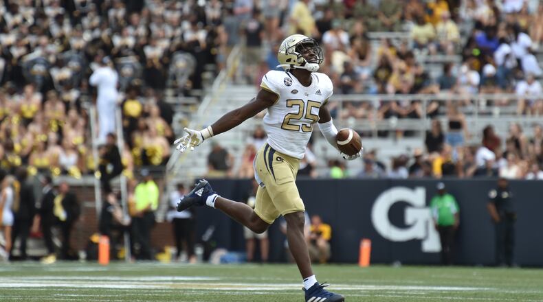 September 11, 2021 Atlanta - Georgia Tech's linebacker Charlie Thomas (25) celebrates during the second half of an NCAA college football game at Georgia Tech's Bobby Dodd Stadium in Atlanta on Saturday, September 11, 2021. Georgia Tech won 45-17 over Kennesaw State. (Hyosub Shin / Hyosub.Shin@ajc.com)