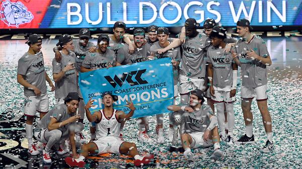 Gonzaga celebrates after defeating BYU for the West Coast Conference men's tournament championship Tuesday, March 9, 2021, in Las Vegas. (David Becker/AP)