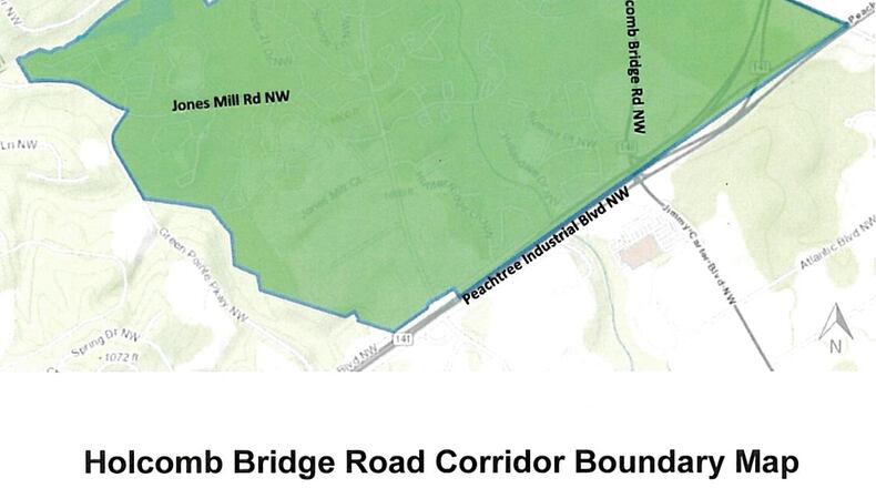 Peachtree Corners is considering a Holcomb Bridge corridor overlay district to encourage redevelopment of older buildigs. Courtesy Coty of Peachtree Corners
