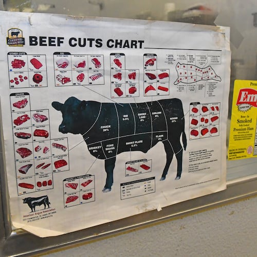 Chart in this file photo shows where different beef cuts come from on a cow. (Chris Hunt for the AJC)