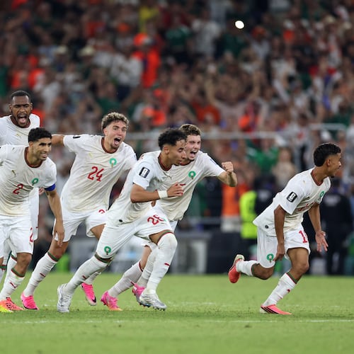 The Moroccan team starts to celebrate after winning on penalty kicks the World Cup round of 32 soccer match between the Netherlands and Morocco in Guadalupe, near Monterrey, Mexico, Monday, June 29, 2026. (AP Photo/Sofia Yaker)