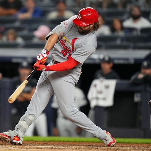 St. Louis Cardinals' Alec Burleson (41) hits a two-run home run during the eighth inning of a baseball game against the New York Yankees Monday, Aug. 3, 2026, in New York. (AP Photo/Frank Franklin II)