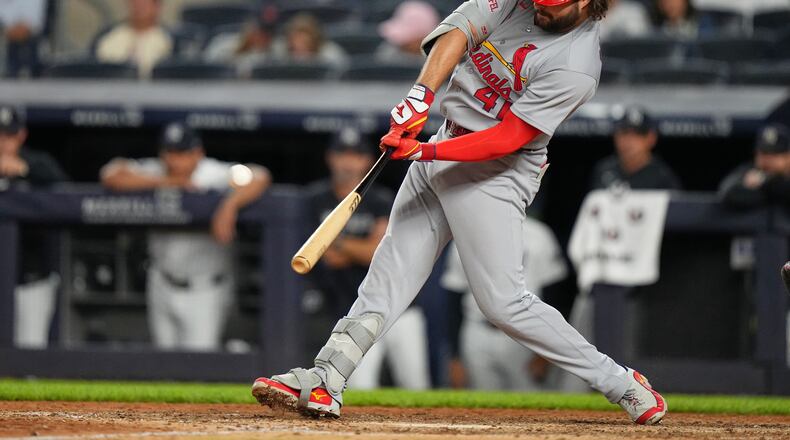 St. Louis Cardinals' Alec Burleson (41) hits a two-run home run during the eighth inning of a baseball game against the New York Yankees Monday, Aug. 3, 2026, in New York. (AP Photo/Frank Franklin II)