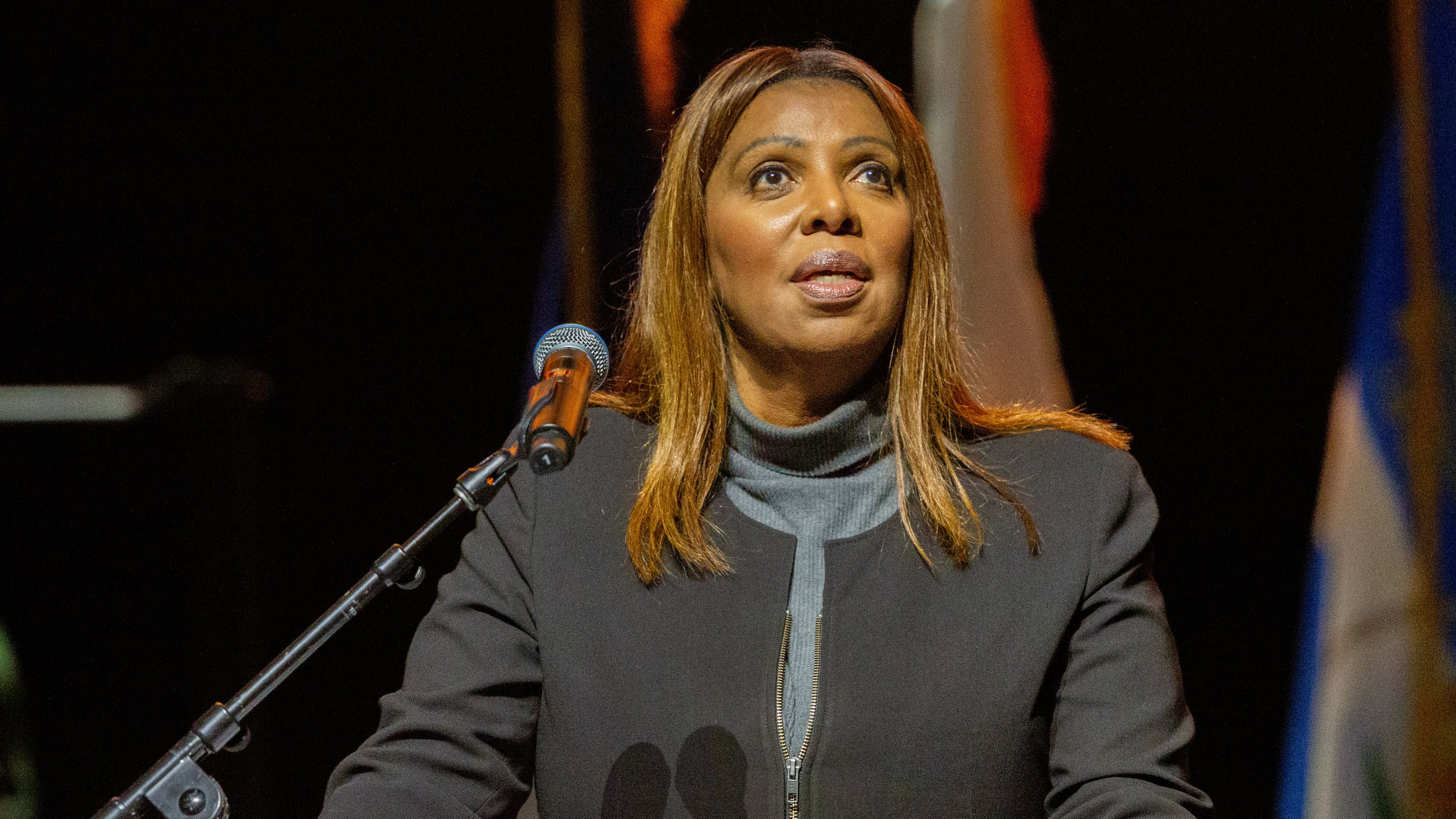 New York Attorney General Letitia James speaks at a campaign rally for New York City Democratic mayoral candidate Zohran Mamdani in New York on Monday, Oct. 13, 2025. (AP Photo/Ted Shaffrey)