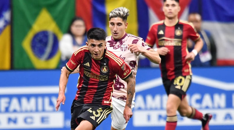Atlanta United's midfielder Thiago Almada (23) works with the ball during the second half in a MLS soccer match at Mercedes-Benz Stadium, Saturday, March 18, 2023, in Atlanta. Atlanta United won 5-1 over Portland Timbers. (Hyosub Shin / Hyosub.Shin@ajc.com)